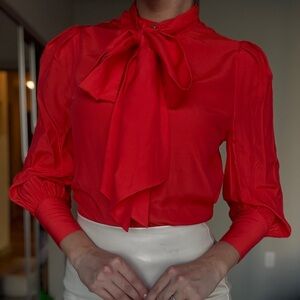 Karen Millen Vibrant Coral Blouse with Adjustable Bow Detail - NEW
